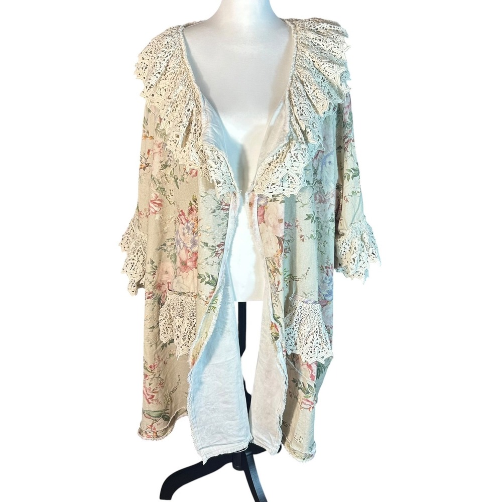 Blue Velvet Duster NWT Women L/XL Taupe Floral Crochet Lace Trim Kimono Boho - Picture 2 of 11